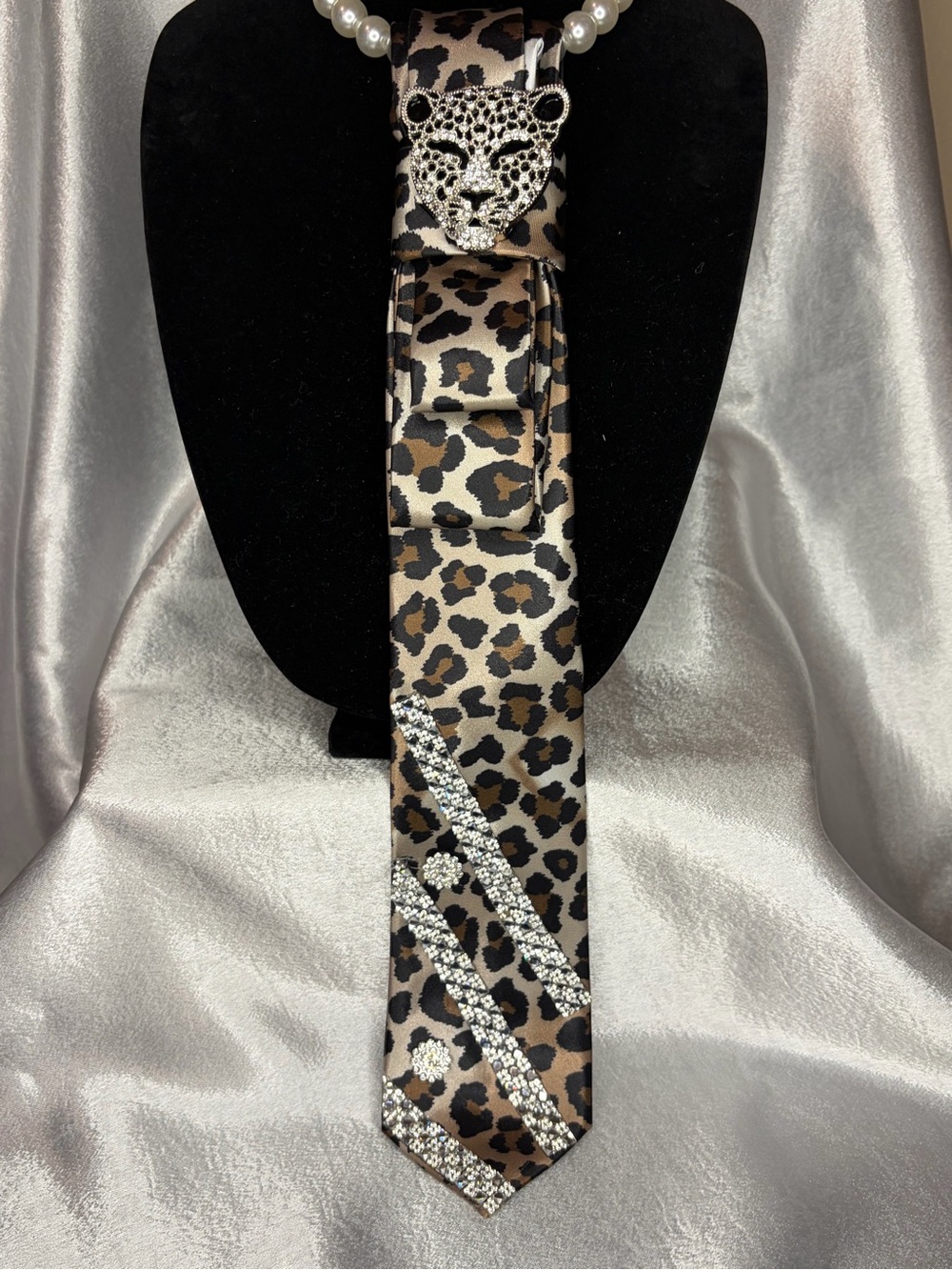 Leopard Satin Necklace Tie with Rhinestone Leopard Accent - Brown